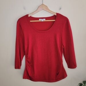 Notations | Red Side Ruched Pullover Lightweight Knit Sweater